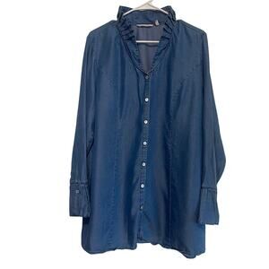 Soft Surroundings Women's Large Charlize Blue Chambray Icon Shirt Pleated Collar